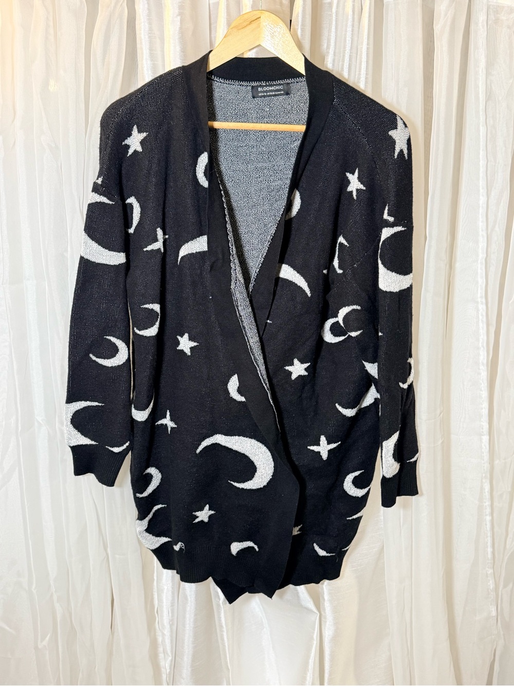 BloomChic Black Cardigan with White Moon & Star Motif
